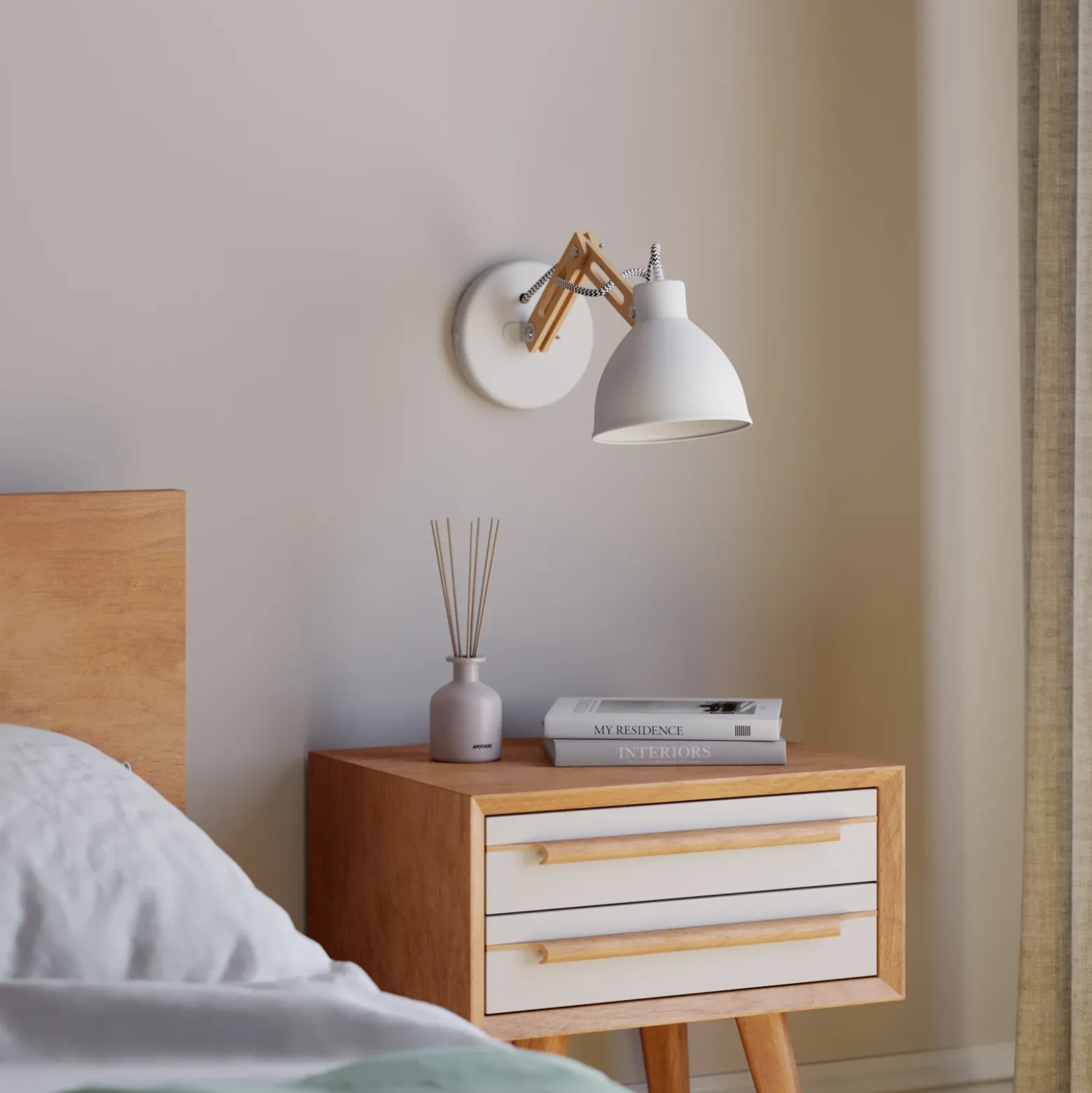 Aplique de pared Skansen, brazo de madera ajustable, blanco