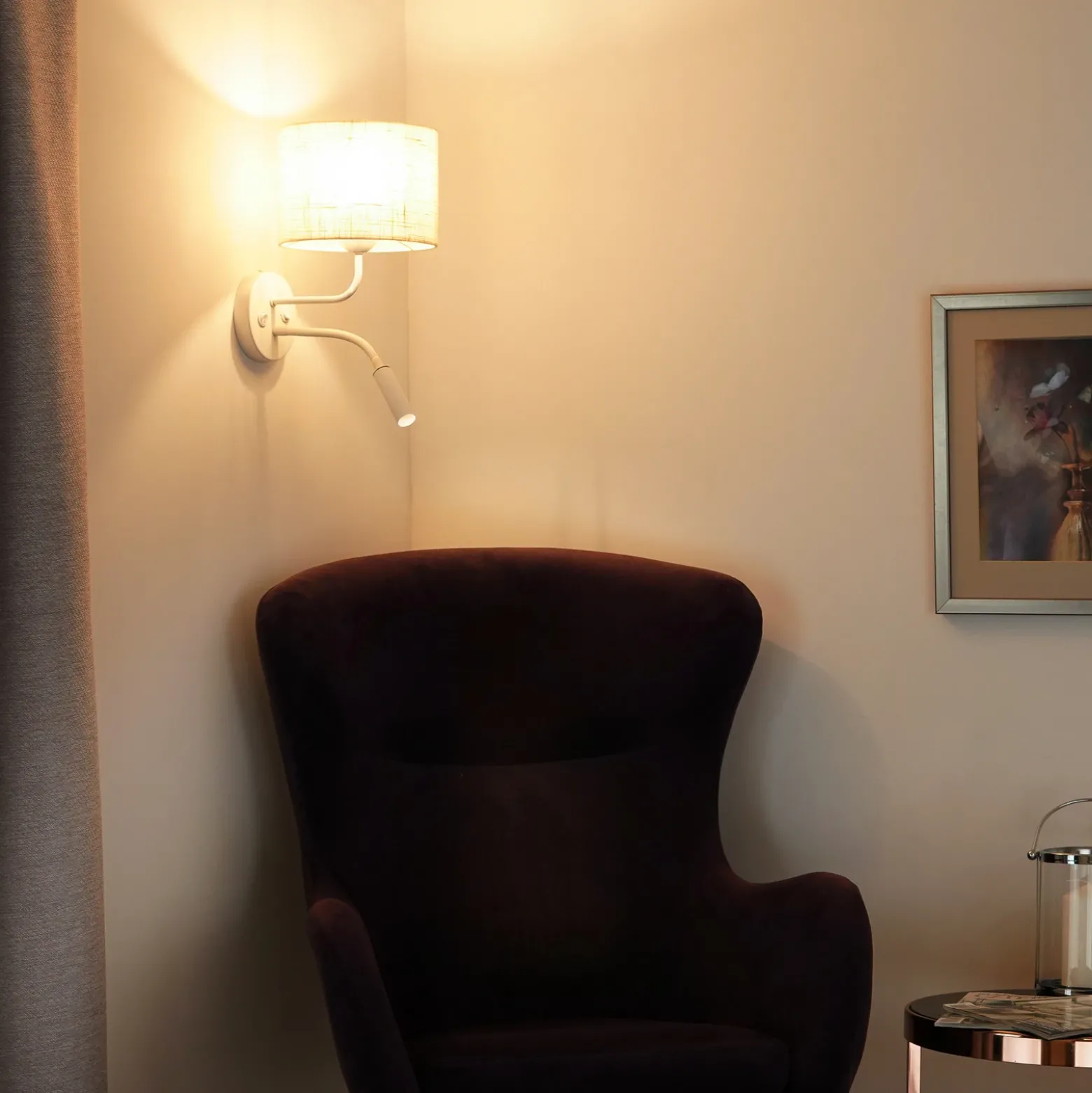 Aplique de pared, yute, blanco/beige, brazo de lectura
