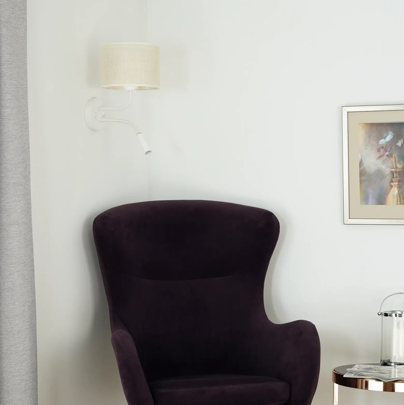 Aplique de pared, yute, blanco/beige, brazo de lectura