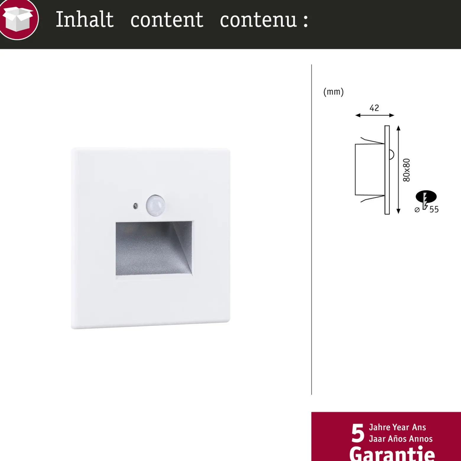 Aplique LED con sensor para empotrar en pared Edge Quadro de Paulmann, blanca,