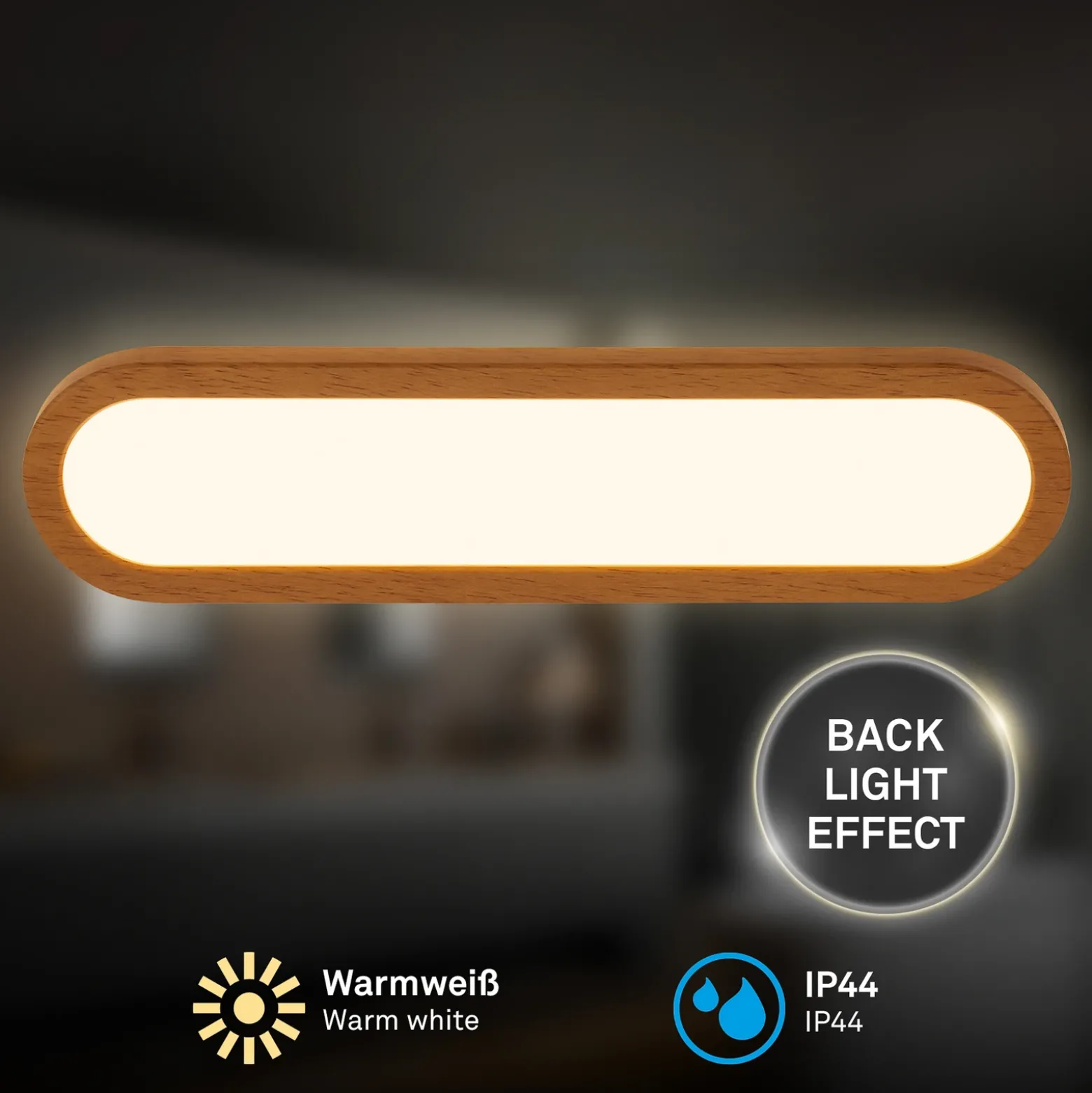 Aplique LED para baño Pil, color madera, ancho 35 cm, plástico