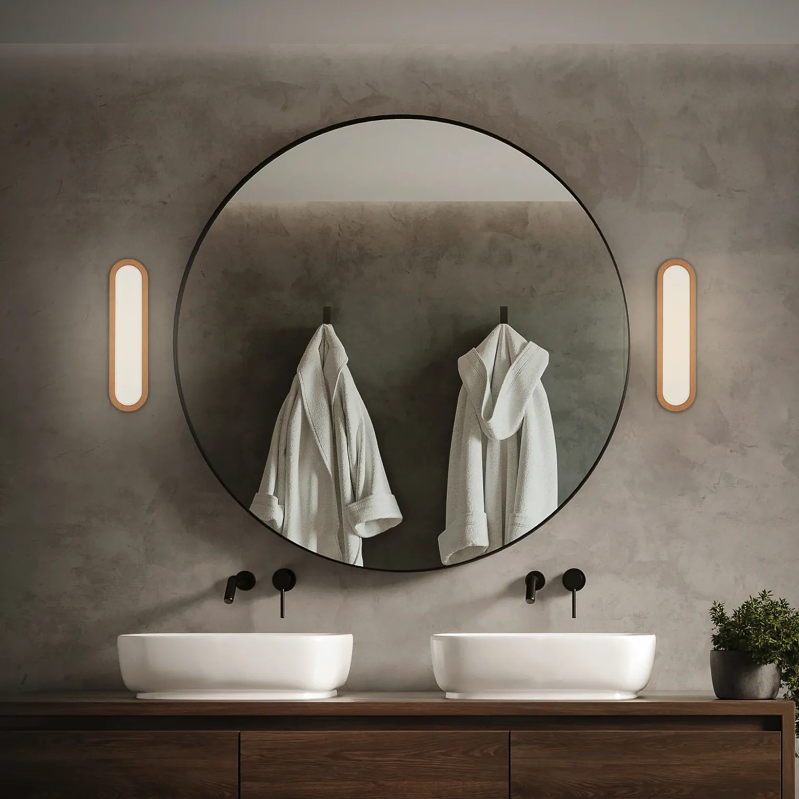 Aplique LED para baño Pil, color madera, ancho 35 cm, plástico