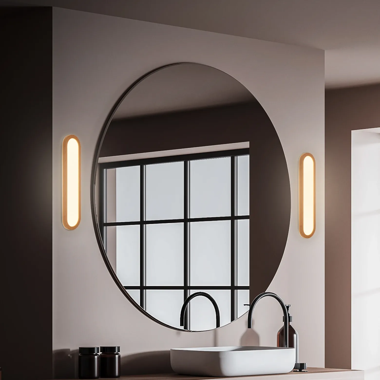 Aplique LED para baño Pil, color madera, ancho 35 cm, plástico