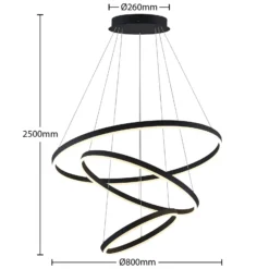 Arcchio lámpara colgante LED Albiona, negra, 3 anillos, Ø 80 cm