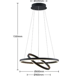 Arcchio lámpara colgante LED Albiona, negra, 2 anillos, Ø 60 cm