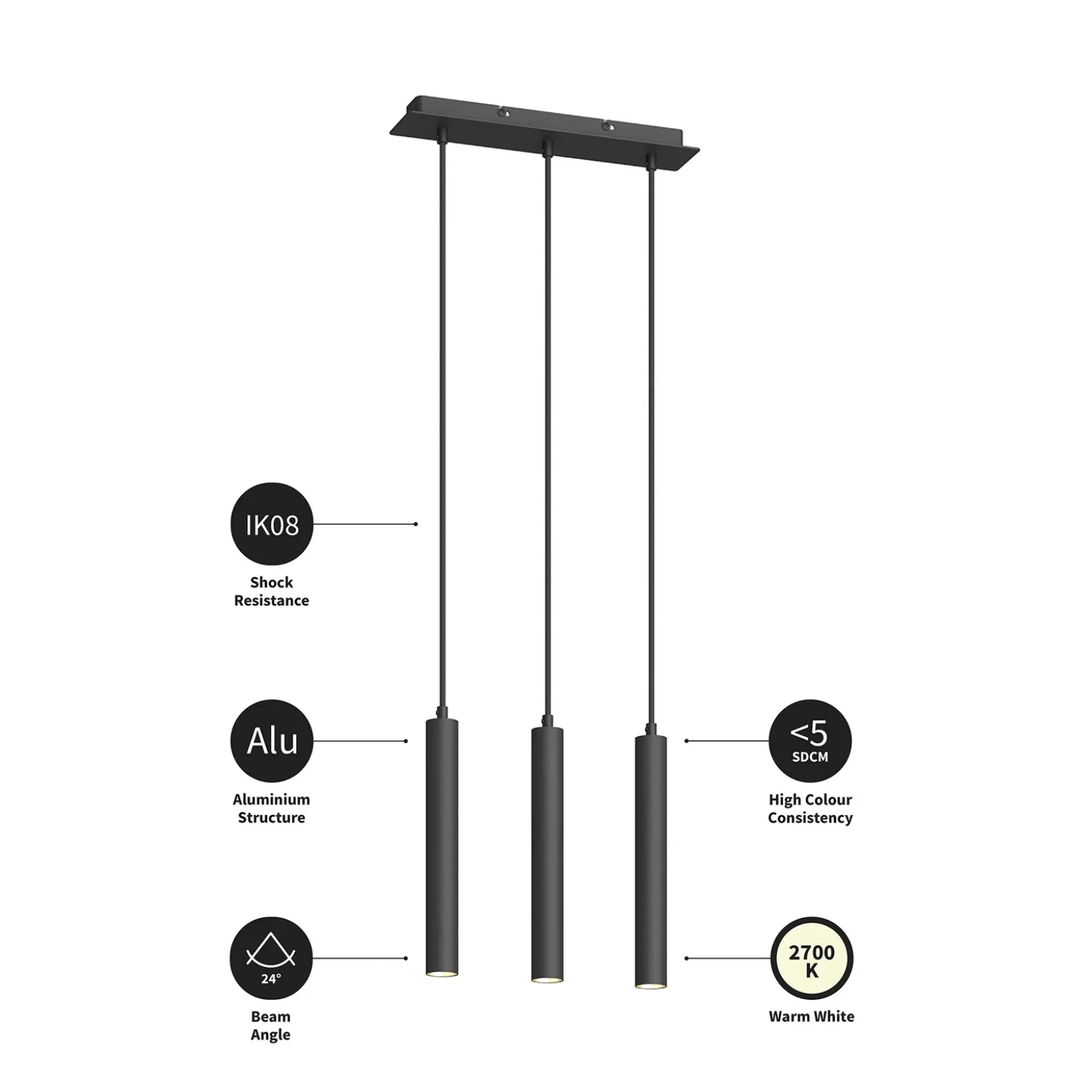 Arcchio Lámpara colgante LED Franka, 3 luces, larga, negra, aluminio