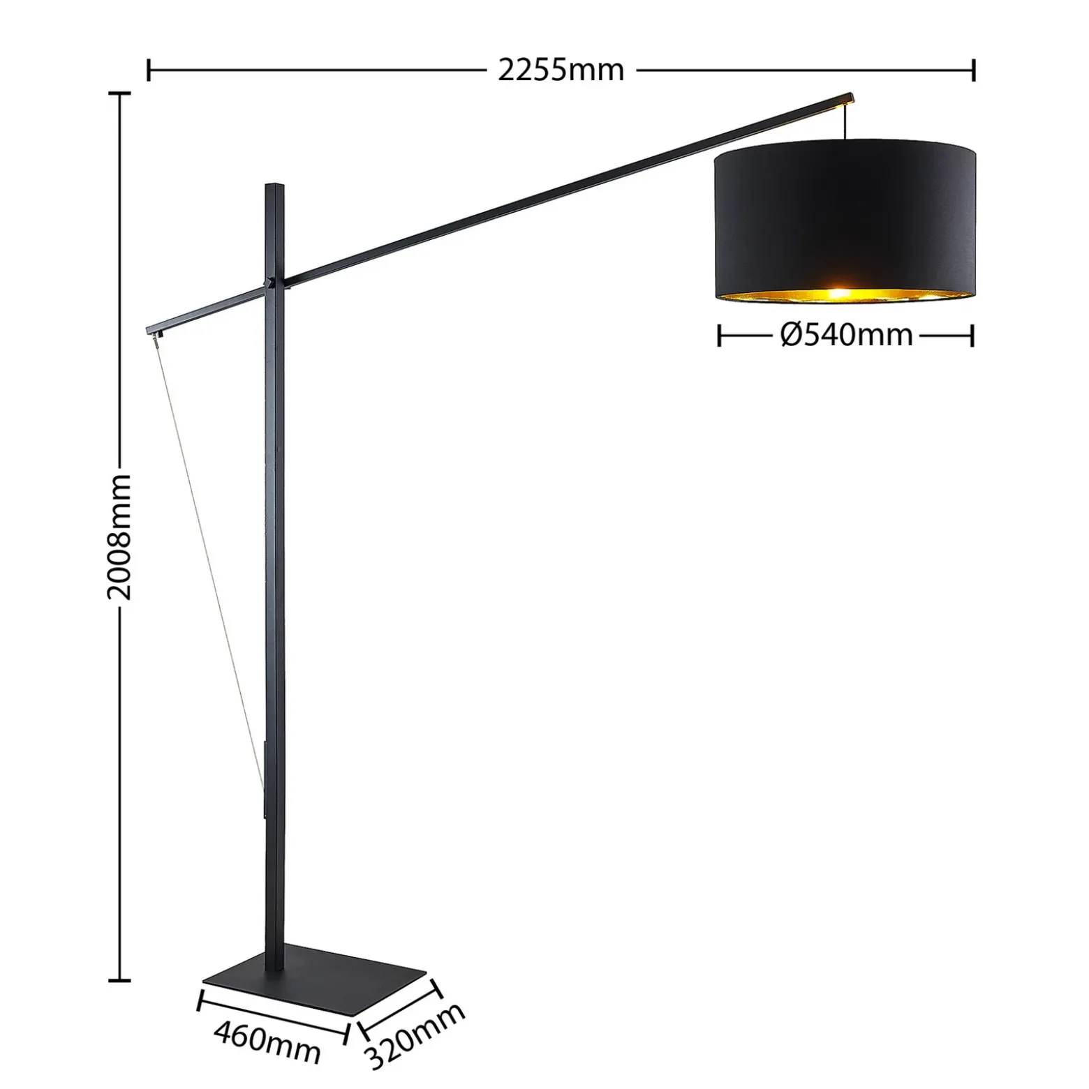 Arcchio lámpara de pie arqueada Mossa, 200 cm, negro-oro, textil