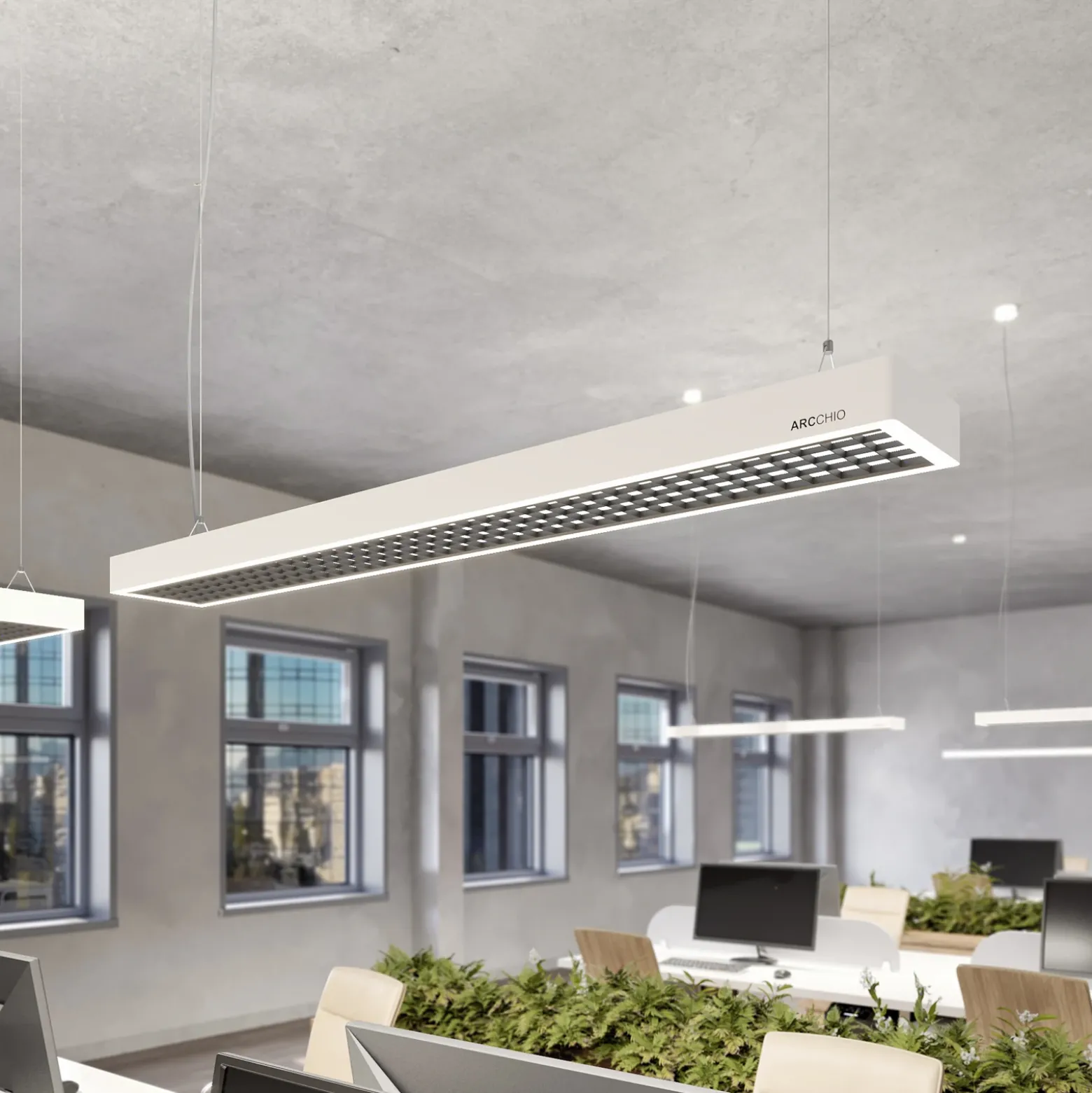 Arcchio Susi lámpara colgante LED de oficina, blanca, 120 cm, 4.000K, DALI