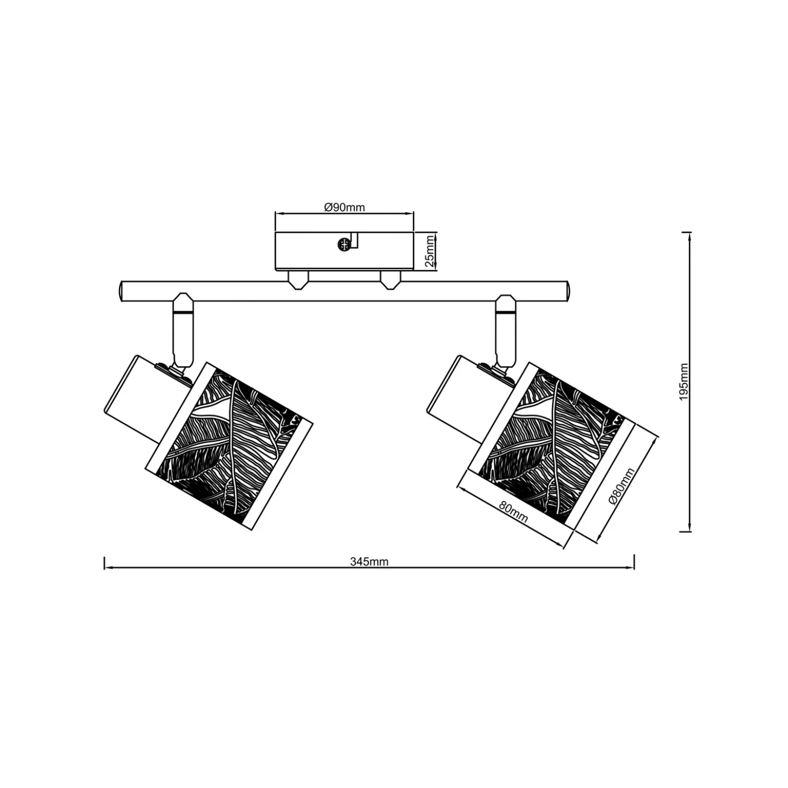 Bano downlight de techo, longitud 34,5 cm, negro mate, 2 luces.