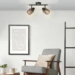 Bano downlight de techo, longitud 34,5 cm, negro mate, 2 luces.