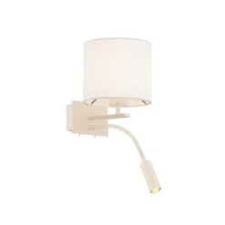 Bilo aplique de pared, beige, textil, 2 luces, brazo de lectura