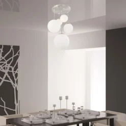 Bollique lámpara colgante, acero, blanco opal, cristal, redonda de 5 luces
