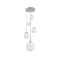 Bollique lámpara colgante, acero, blanco opal, cristal, redonda de 5 luces