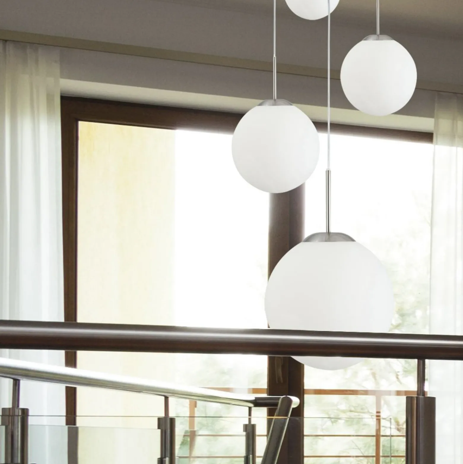 Bollique lámpara colgante, acero, blanco opal, cristal, redonda de 5 luces