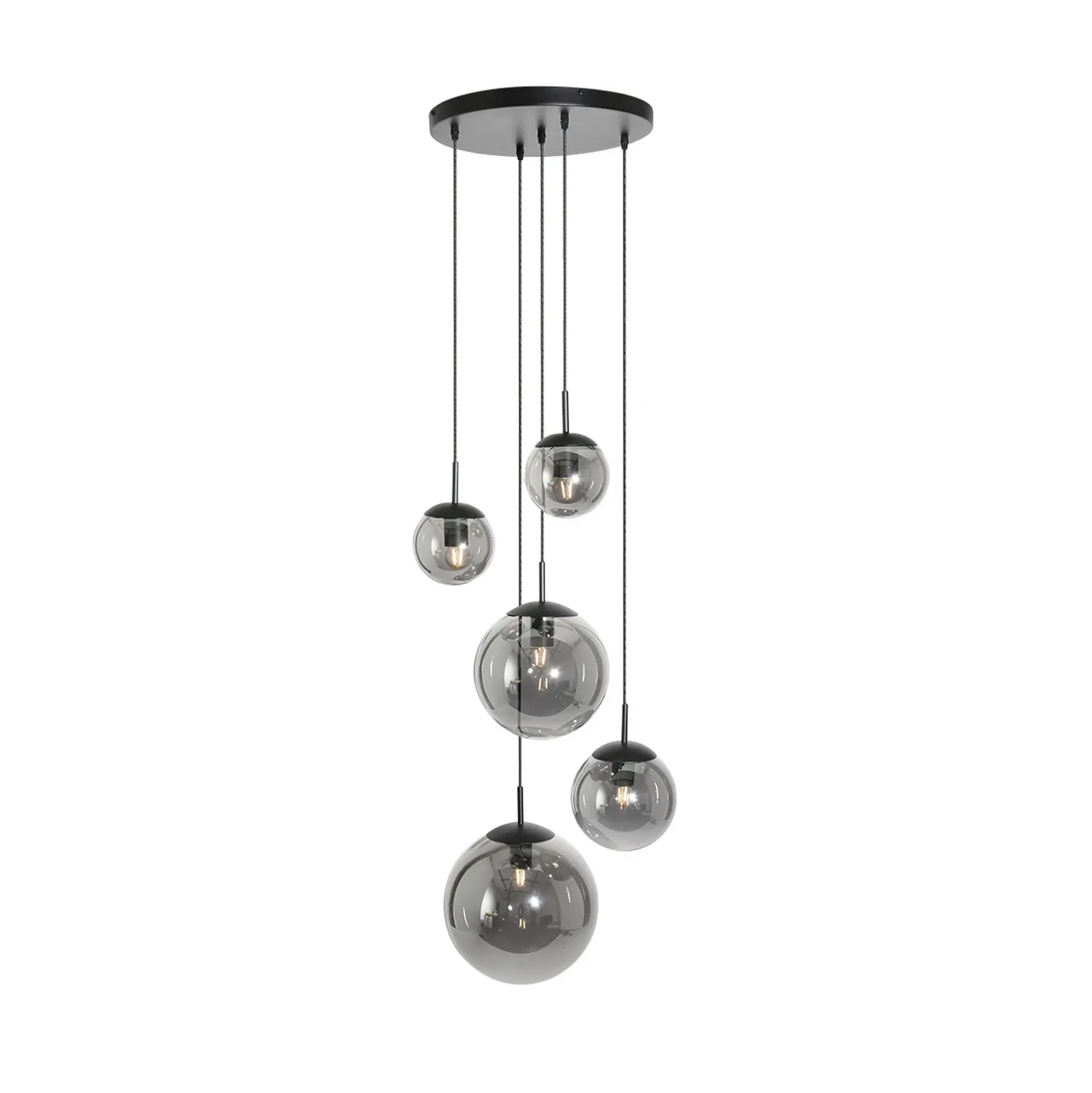 Bollique lámpara colgante, gris ahumado/negro, cristal, 5 luces