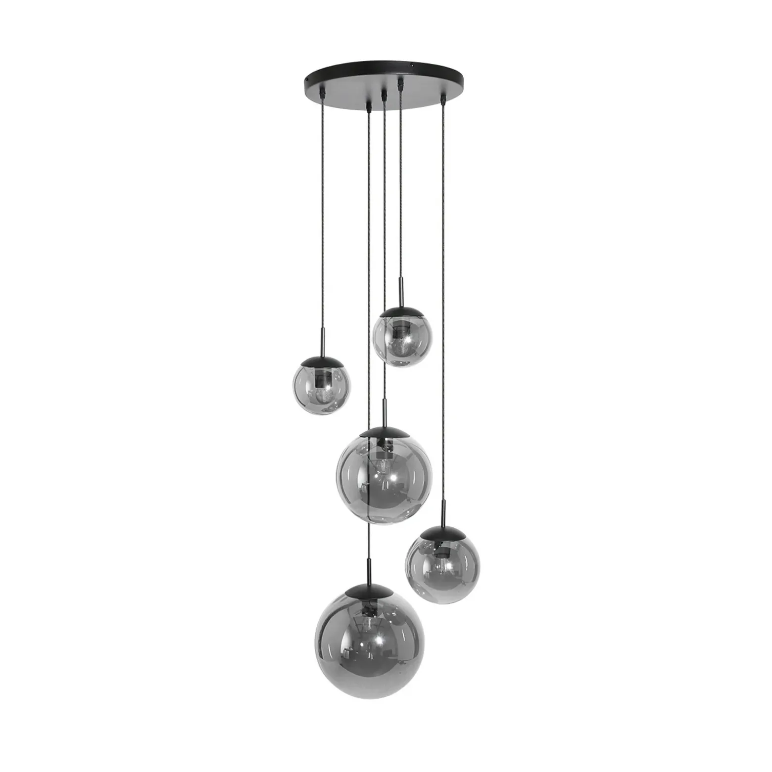 Bollique lámpara colgante, gris ahumado/negro, cristal, 5 luces