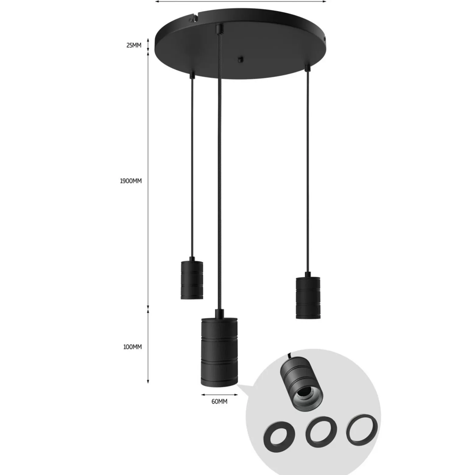 Calex Retro lámpara colgante redondo 3 luces negro