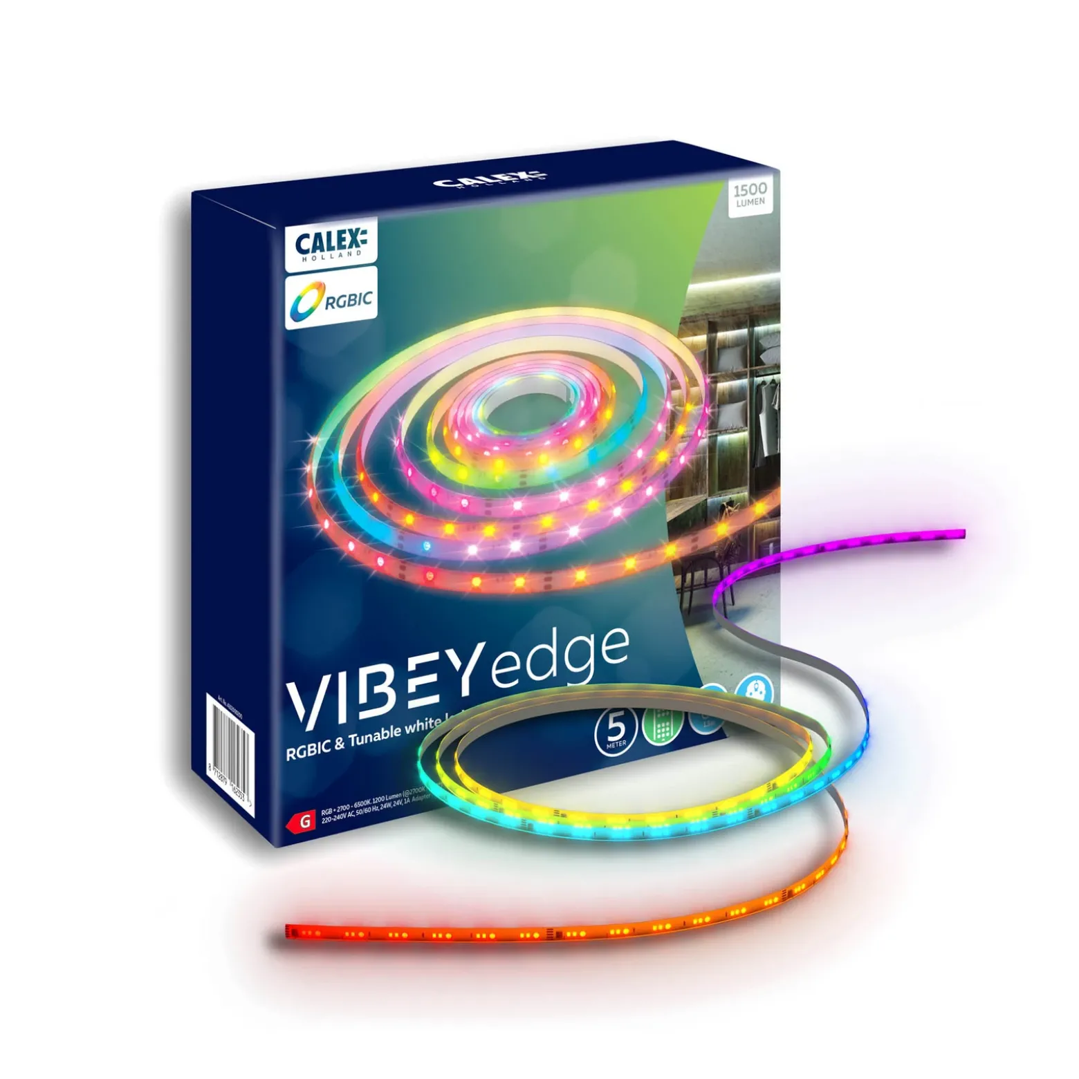 Calex tira LED Vibey, longitud 5 m, enchufe, control remoto, RGB, CCT
