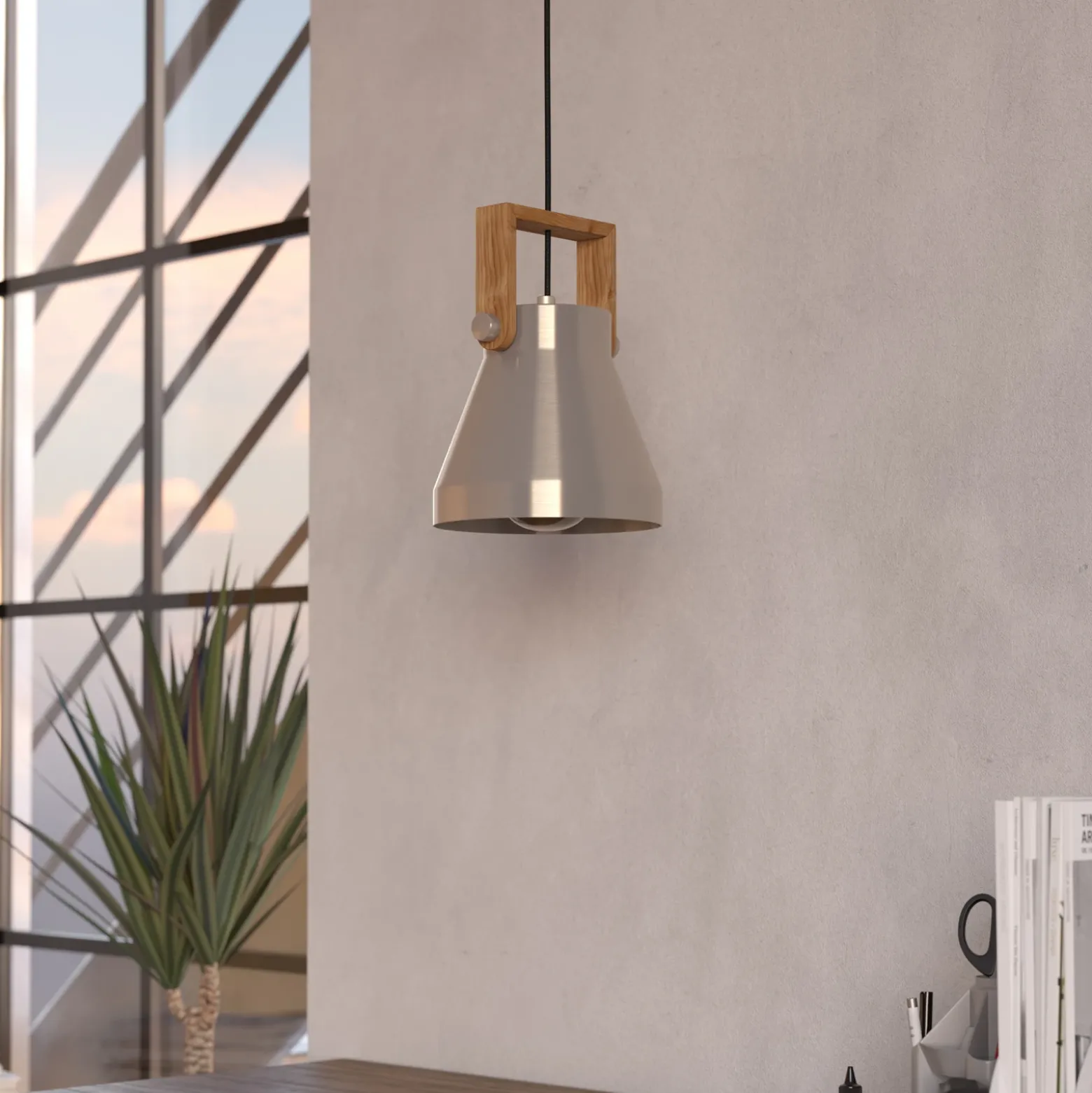 Cawton lámpara colgante, Ø 16 cm, acero/marrón, acero/madera
