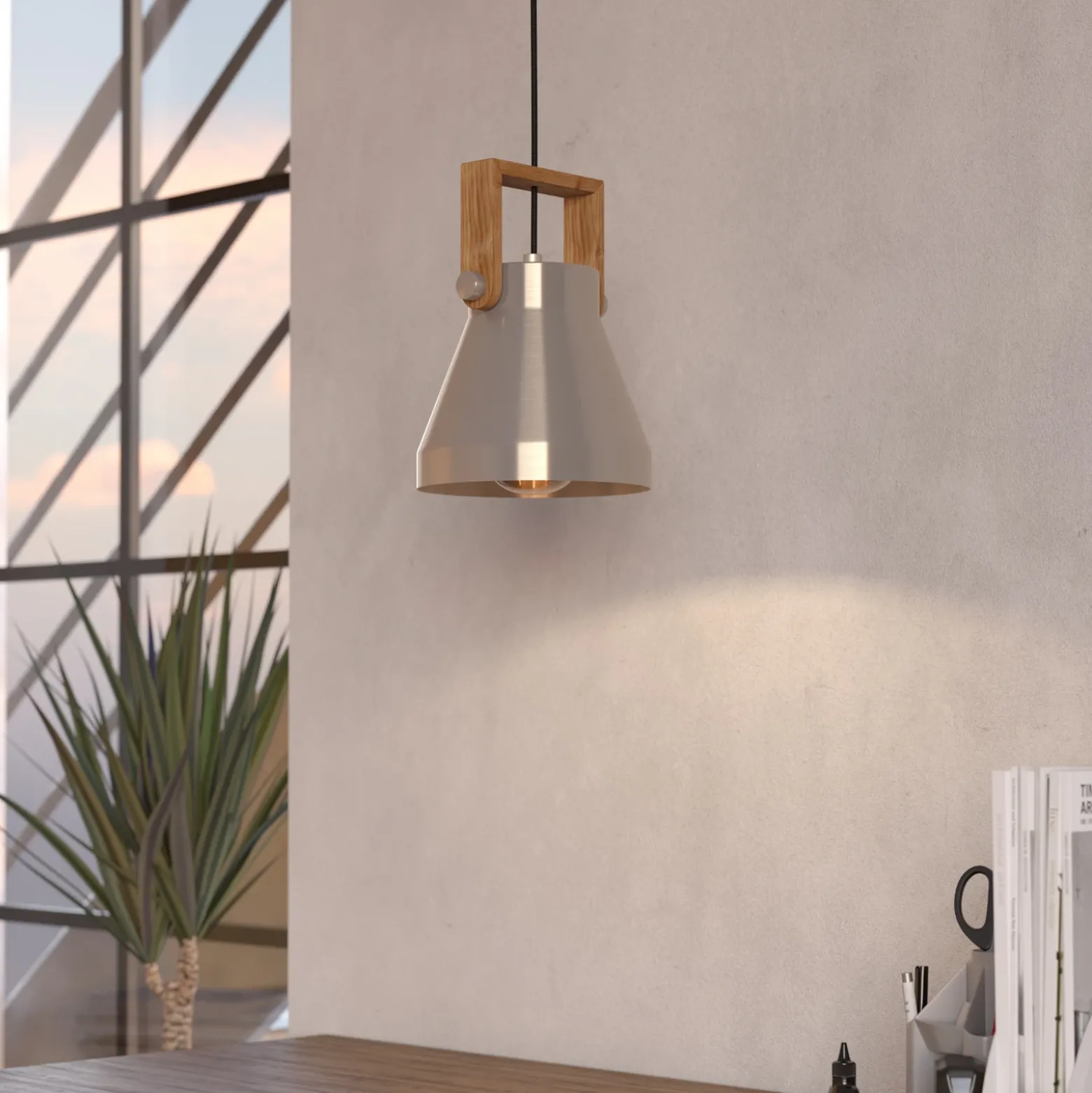 Cawton lámpara colgante, Ø 16 cm, acero/marrón, acero/madera