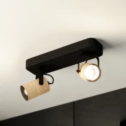 Cayuca downlight de techo, decoración en negro/madera, 2 luces
