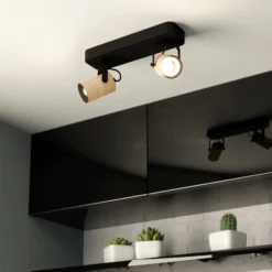 Cayuca downlight de techo, decoración en negro/madera, 2 luces