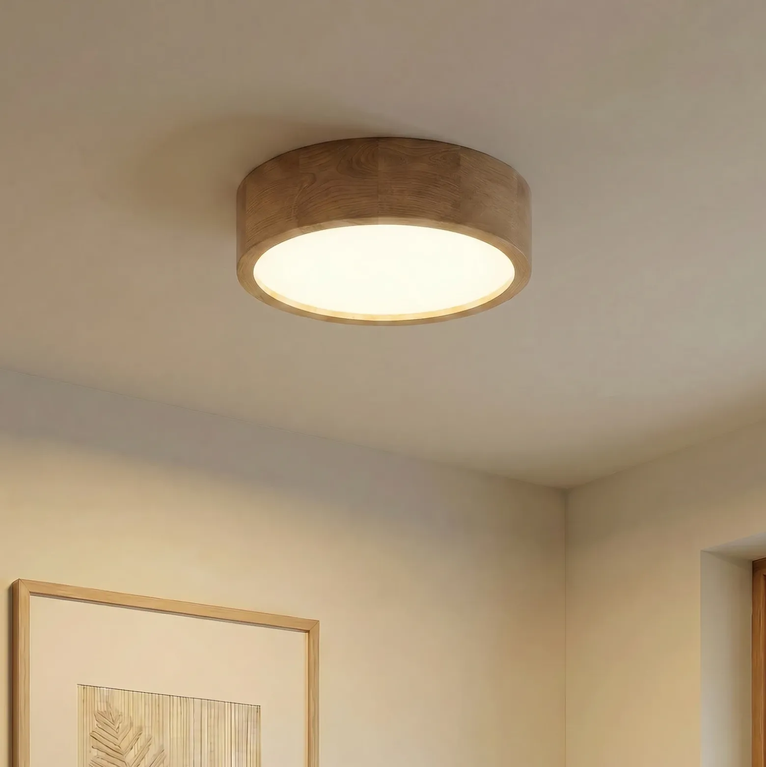 Cleo plafón, Ø 38 cm, 3 luces, madera de roble, E27