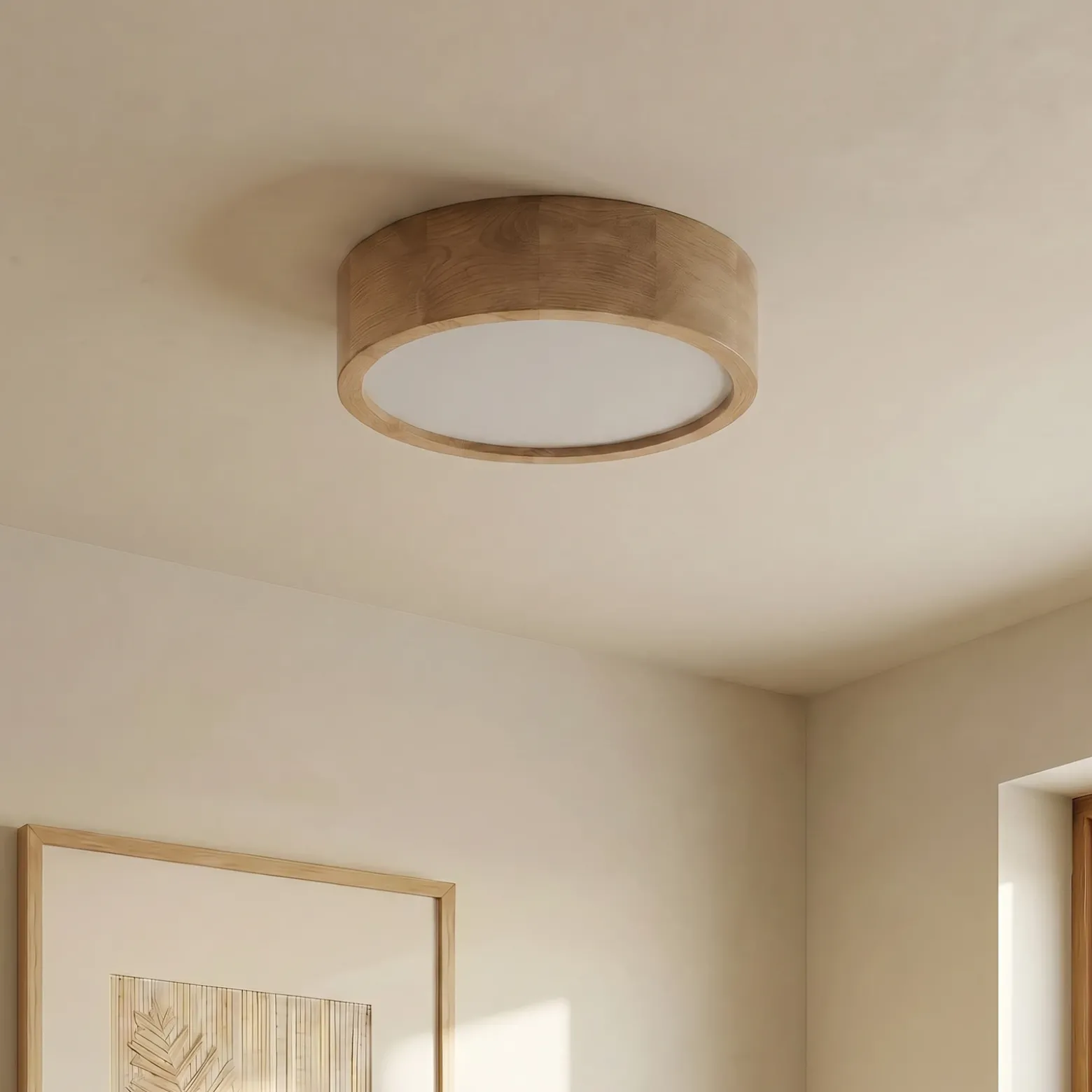 Cleo plafón, Ø 38 cm, 3 luces, madera de roble, E27