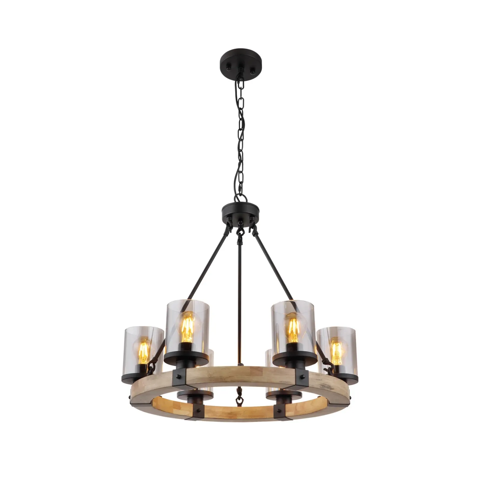 Colgante Lila con anillo de madera redondo 6 luces