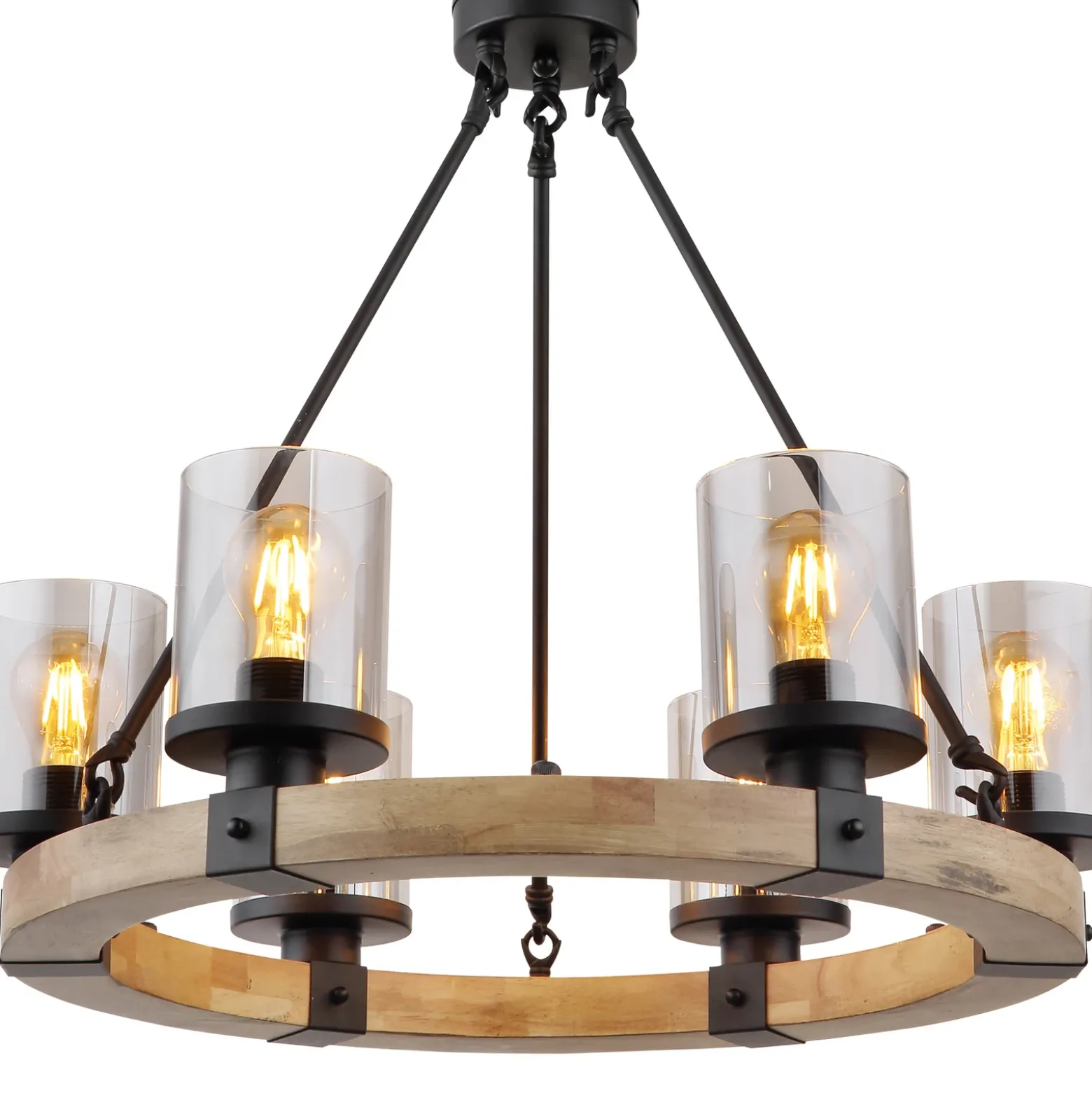 Colgante Lila con anillo de madera redondo 6 luces