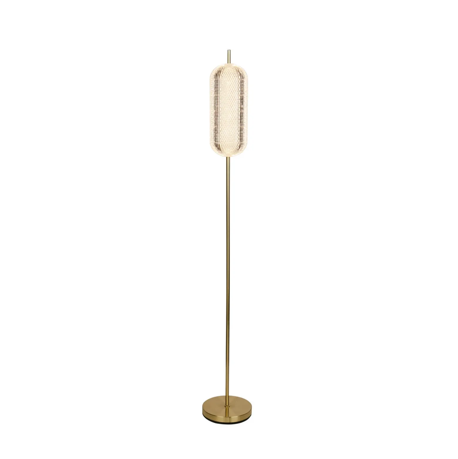 Cápsula lámpara de pie LED, color latón, hierro, acrílico