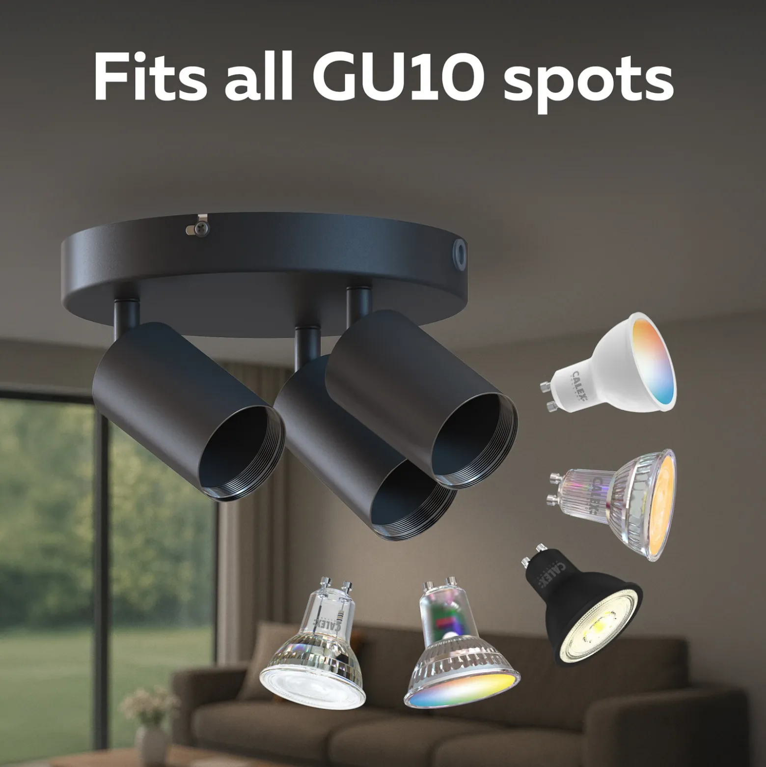 Downlight Calex GU10, negro, Ø 20 cm, 3 luces, metal