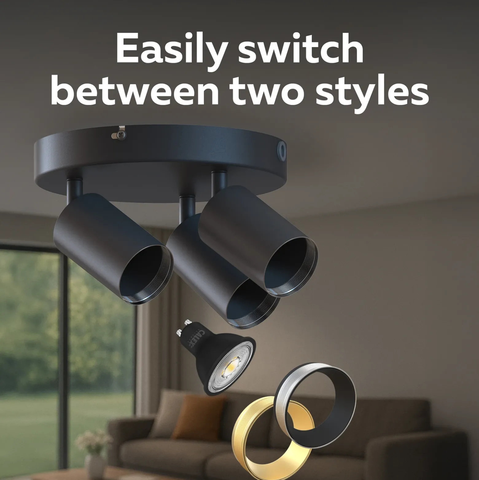Downlight Calex GU10, negro, Ø 20 cm, 3 luces, metal