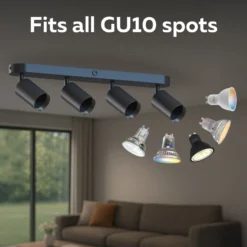 Downlight Calex GU10, negro, longitud 49 cm, 4 luces, metal