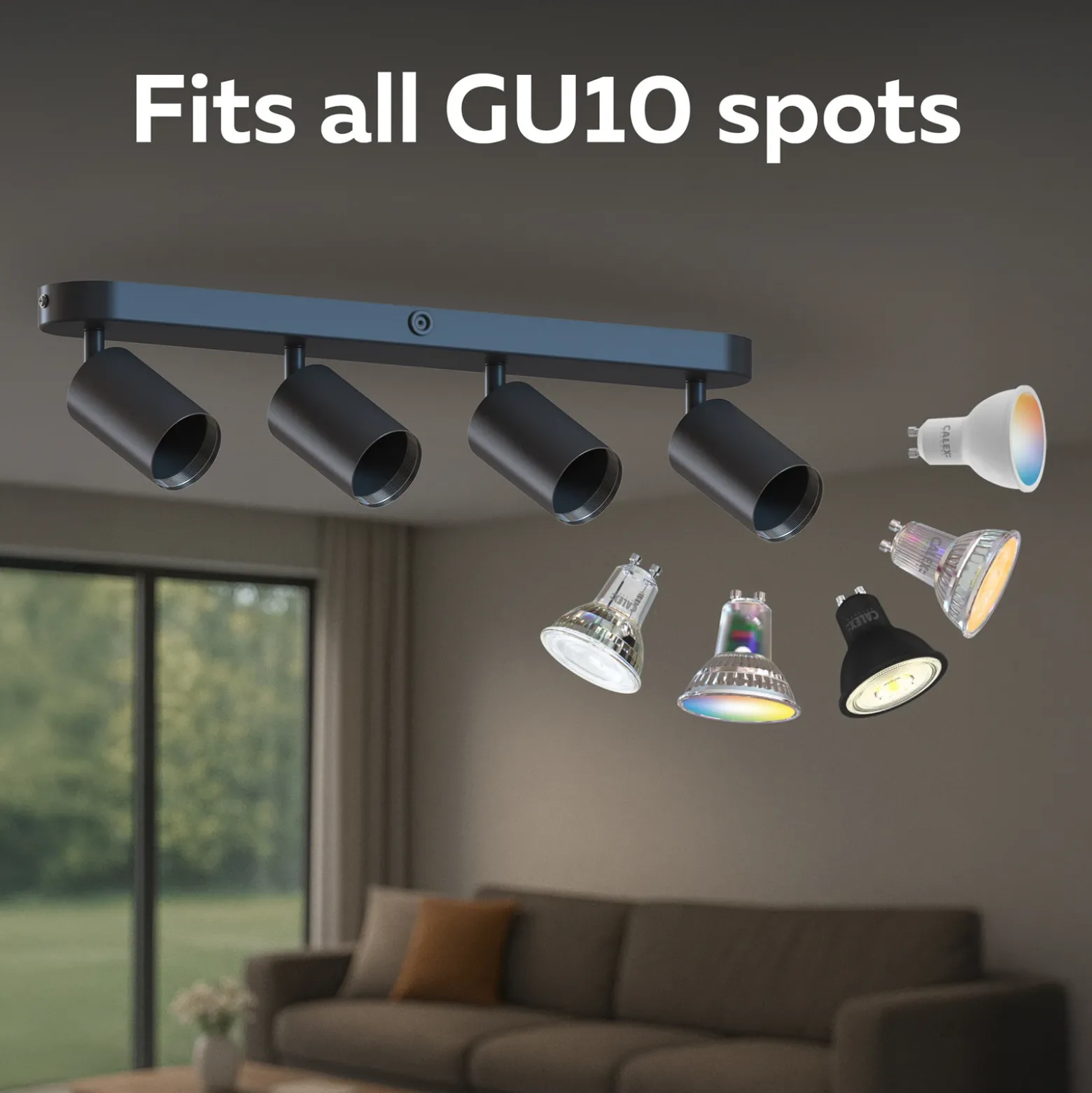 Downlight Calex GU10, negro, longitud 49 cm, 4 luces, metal