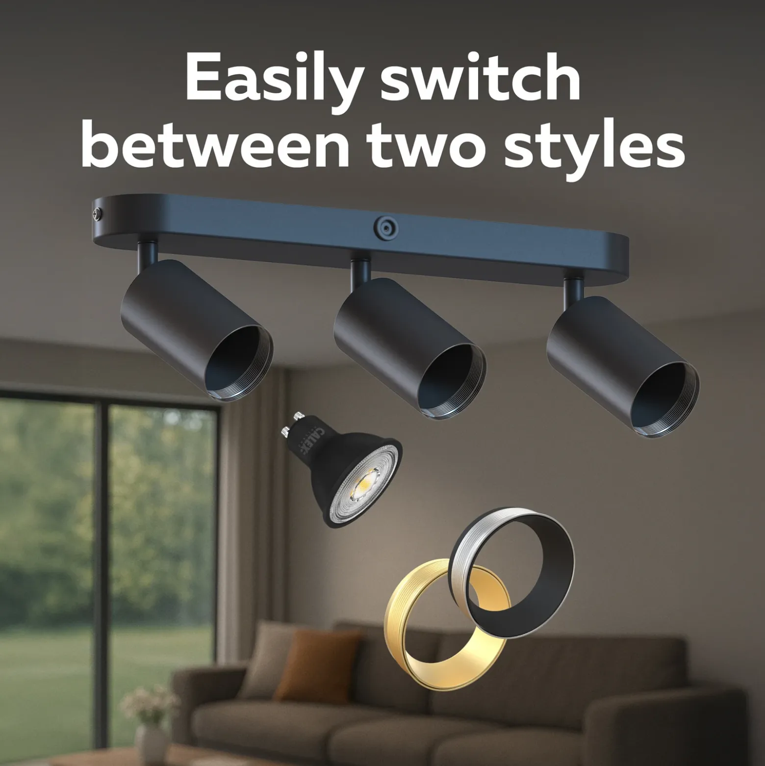 Downlight Calex GU10, negro, longitud 37 cm, 3 luces, metal