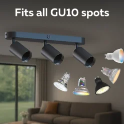 Downlight Calex GU10, negro, longitud 37 cm, 3 luces, metal