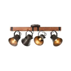 Downlight Decca, longitud 78 cm, negro/madera, 4 luces.