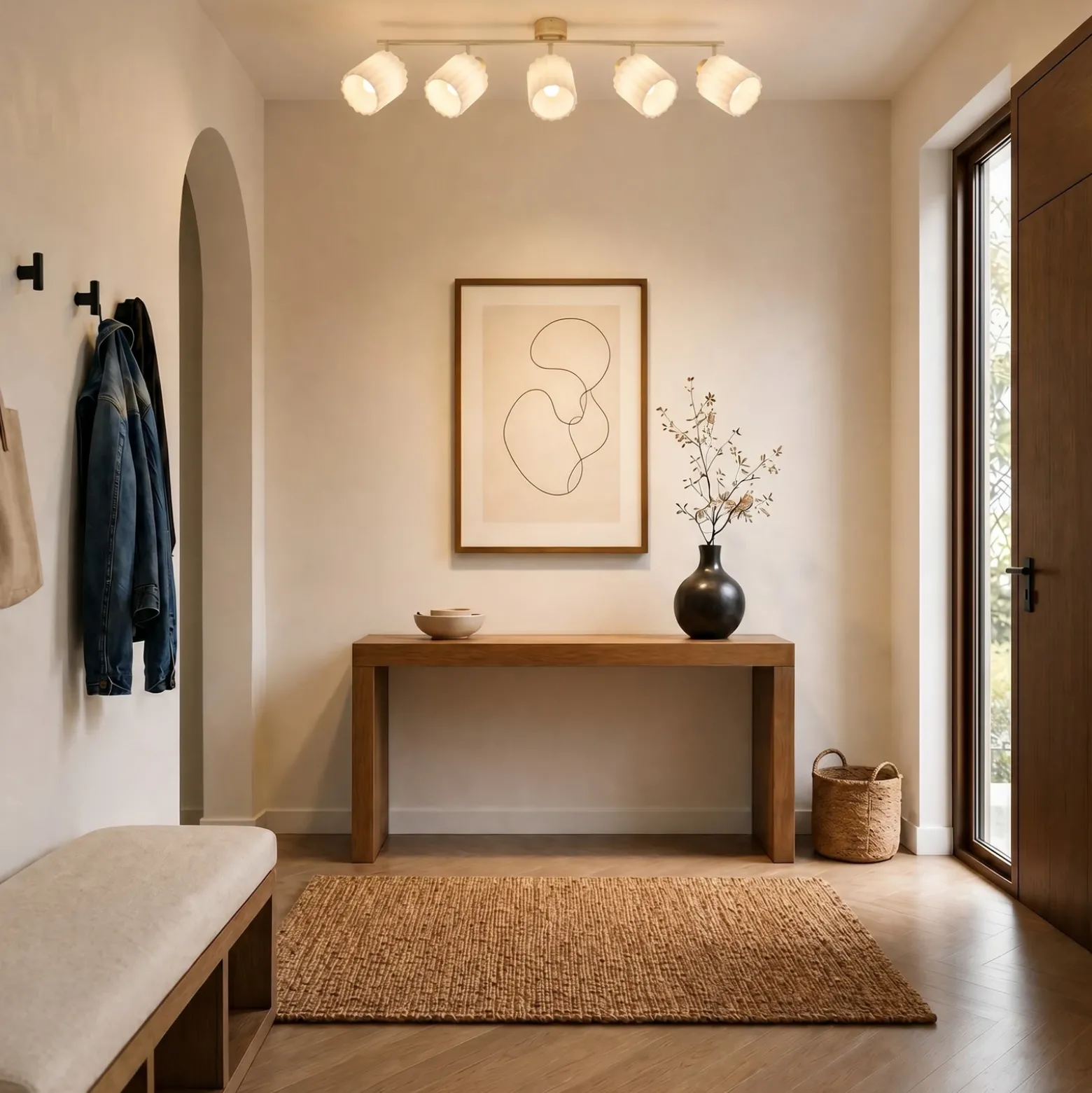 Downlight de techo Lindby Shiloh, 5 luces, natural/beige, madera