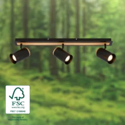 Downlight Duta, longitud 70 cm, negro/color madera, 3 luces.
