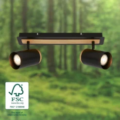 Downlight Duta, longitud 40 cm, negro/color madera, 2 luces.