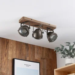 Downlight Farovi de Lindby, negro, 44 cm, 3 luces, madera, GU10