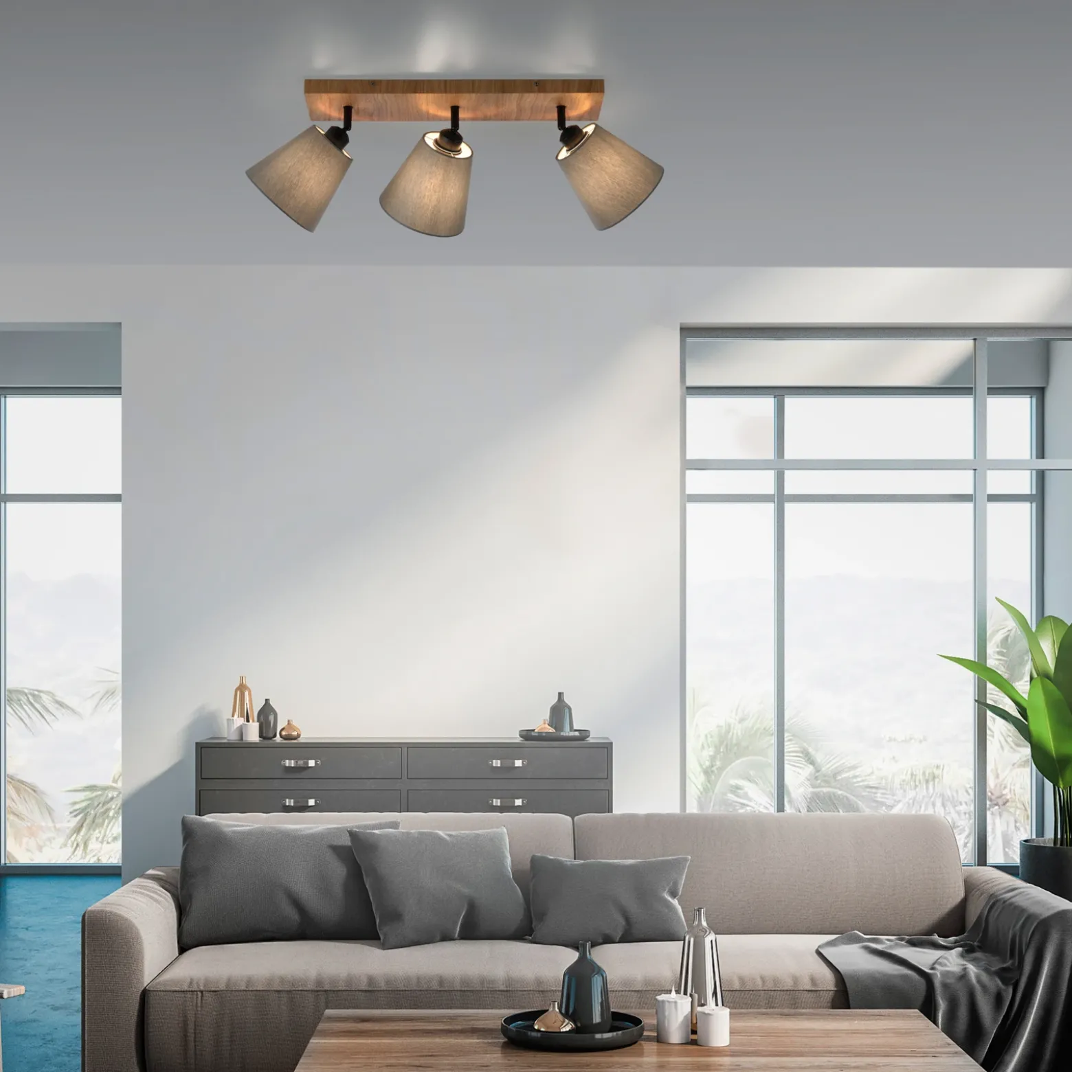 Downlight Gerda Michel, de 3 luces, madera/tejido