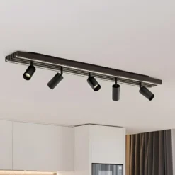 Downlight LED Lucande Tiron, 5 luces, 100 cm, roble