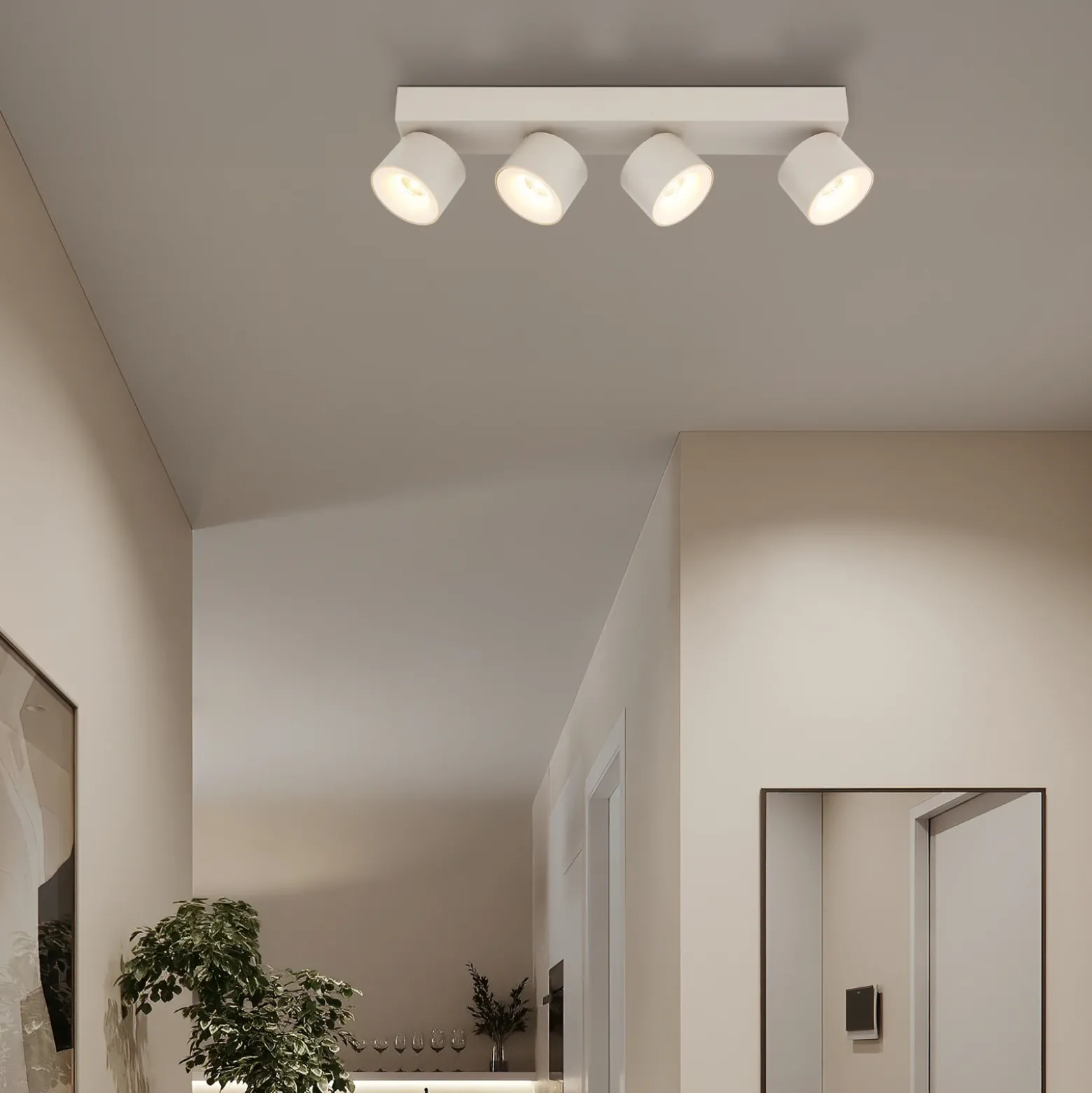 Downlight LED Rae, color arena, metal, 4 luces, 46 cm