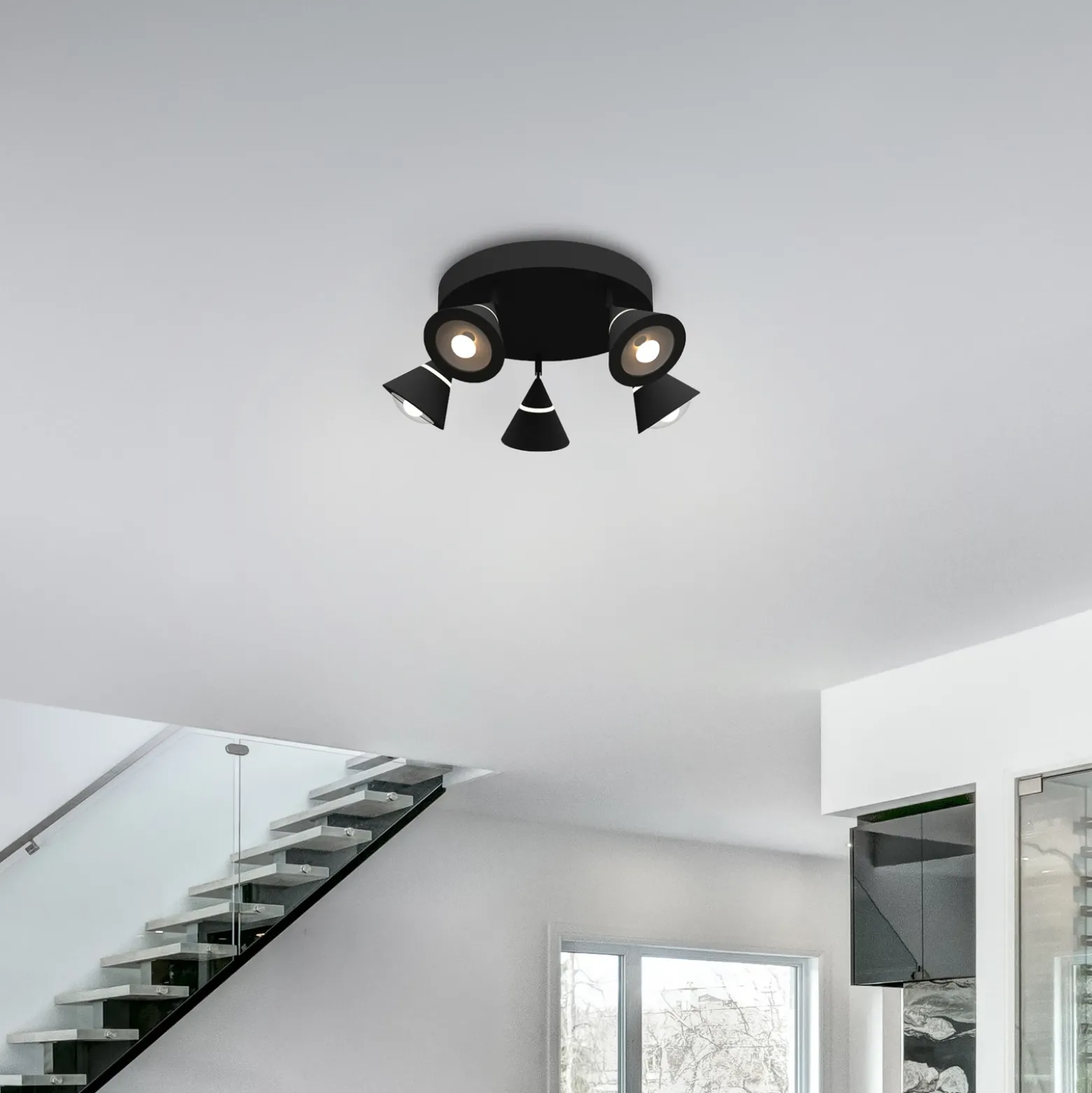 Downlight LED Romeo, Ø 30 cm, negro, metal, 5 luces.