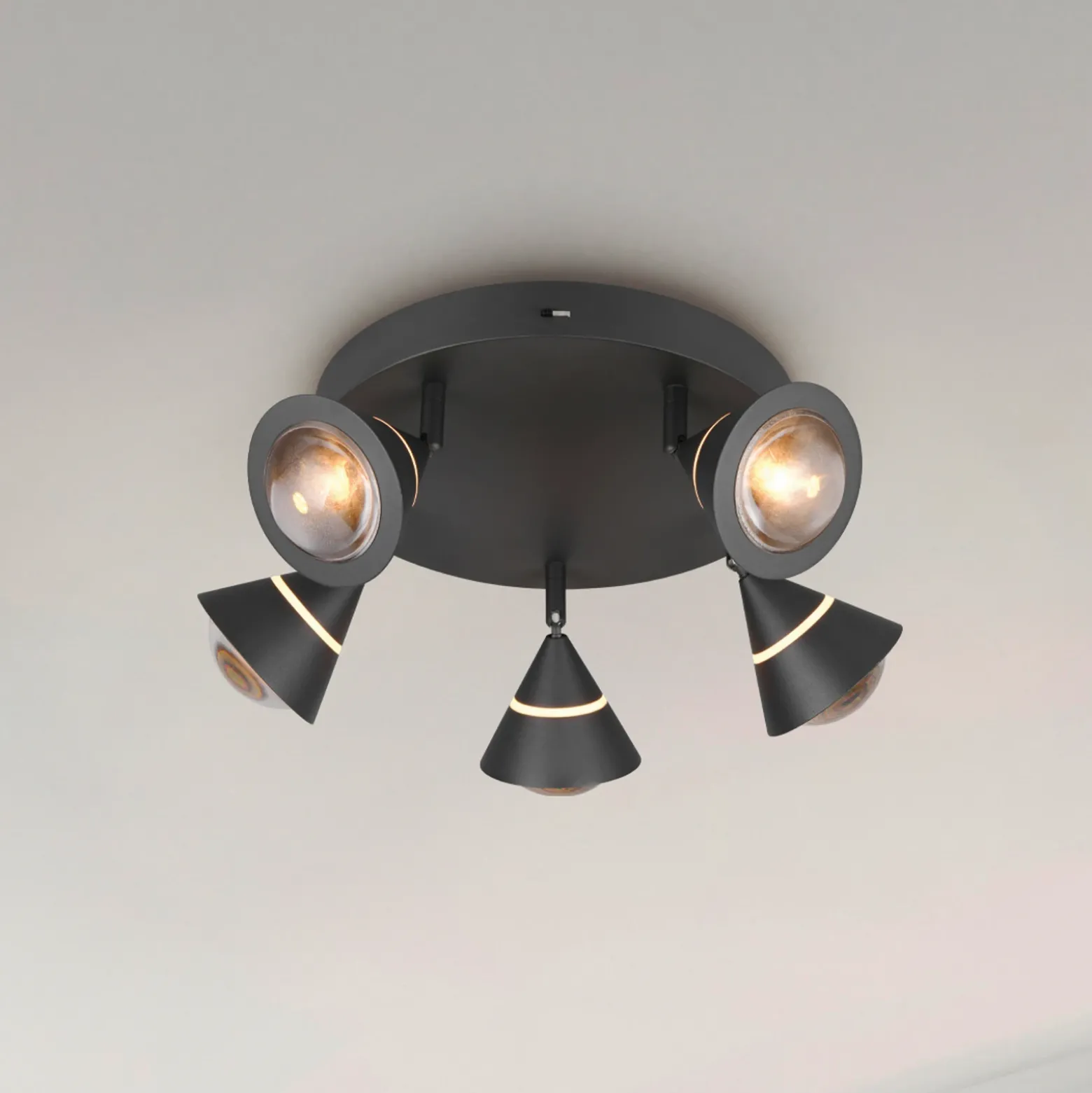Downlight LED Romeo, Ø 30 cm, negro, metal, 5 luces.