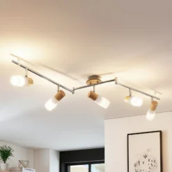 Downlight Lindby Christoph, 130 cm, 5 luces, madera y cristal