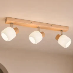 Downlight Lindby Darla, de 3 luces, blanco/color madera