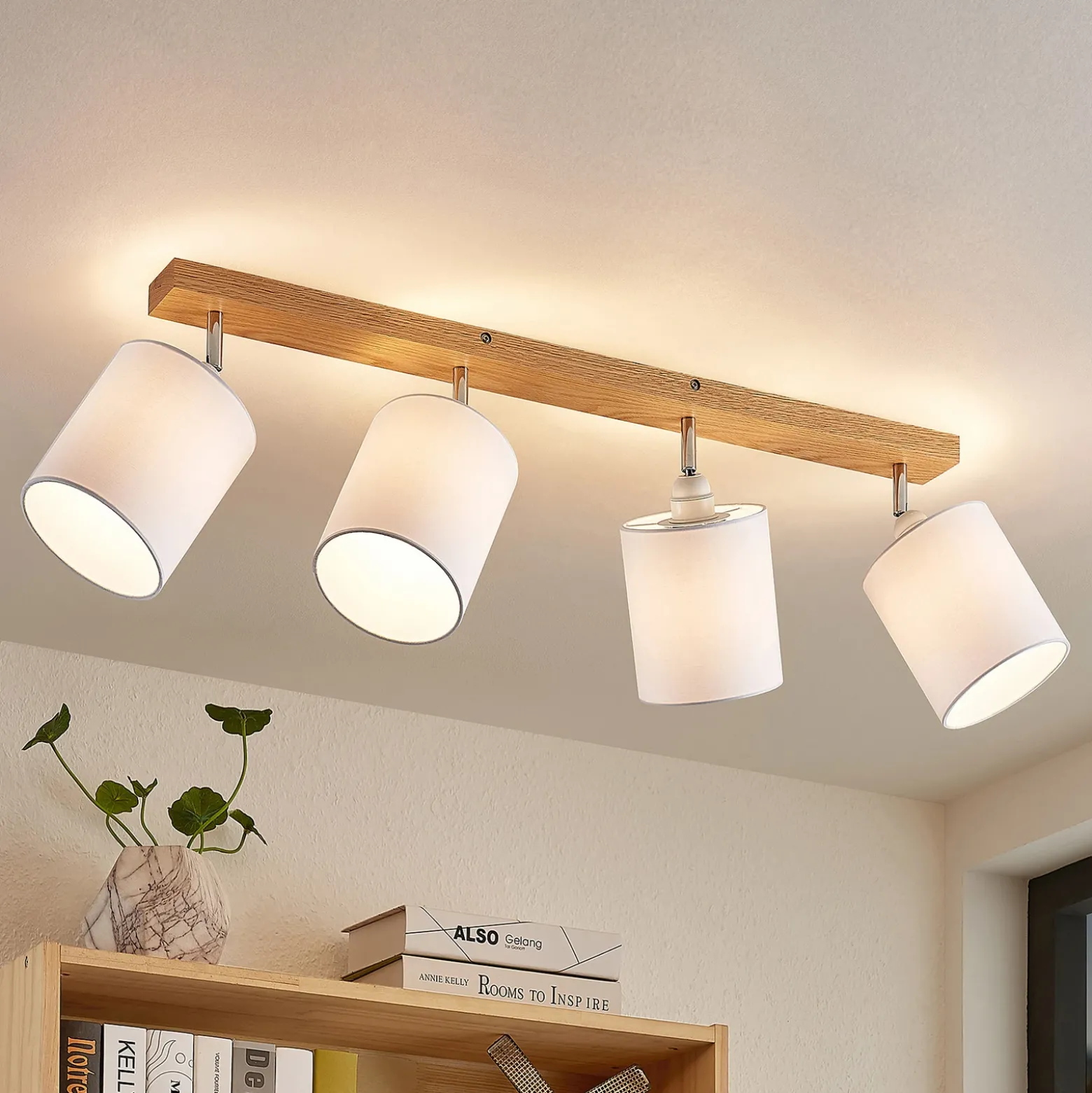 Downlight Lindby Imarin, 81 cm, blanco, 4 luces, madera